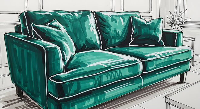 Modern emerald green velvet couch sketch with cushions in an artistic interior setting.