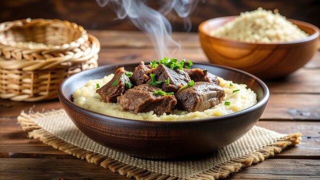 Steaming braised beef chunks served over creamy mashed potatoes
