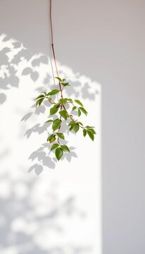 A beautiful shadow from a window and tree leaves on a white wall simple minimalistic natural background, branches, peaceful