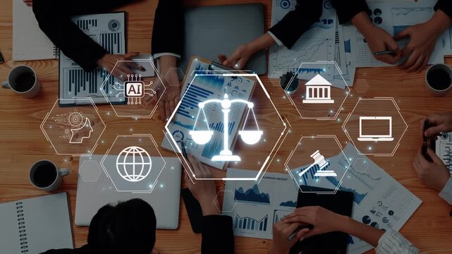 A collaborative business meeting showcasing the integration of legal technology, data analysis, and artificial intelligence, represented through digital icons and charts. Raster