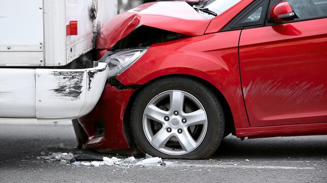 Red Car Crashed Into White Truck on Roadway.