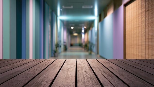Empty Hallway with Colorful Walls and Wooden Floor.