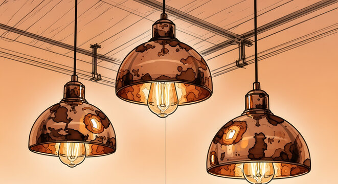 Industrial style illustration of three copper pendant lights with warm Edison bulbs.