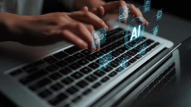 Close-Up View of a Person Hands Typing on a Laptop Keyboard with AI Icons and Data Visuals Floating Above in a Modern Workspace Environment. Entropy.