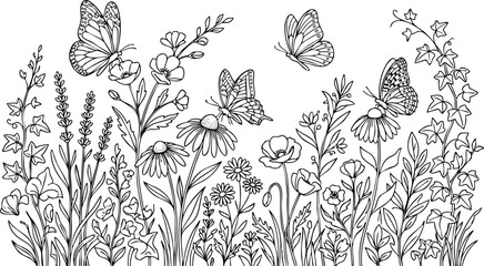 Black and white line art illustration of wild meadow flowers and flying monarch butterflies © RINA