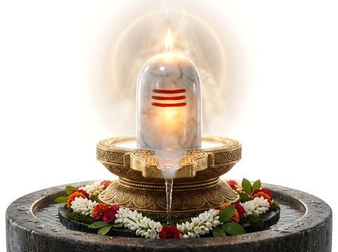 A centered white marble Shiva lingam with red sindoor marks and fresh flower garland on ornate gold yoni base