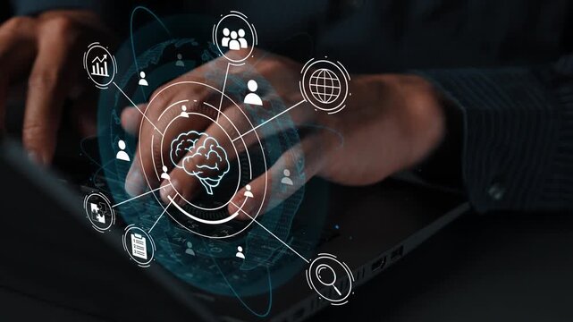 Close-Up of Hands Typing on Laptop Keyboard with Digital Brain Overlay and Connection Icons Representing Data and Technology Concepts. Entropy.