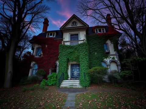 Crepuscular shadows dance across abandoned mansion's crumbling facade, overgrown with vines, ||abandoned, mansion