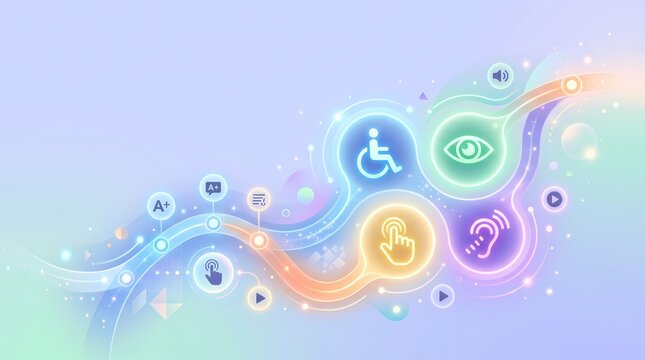 Digital accessibility concept illustration featuring glowing icons for vision, hearing, mobility, and web navigation on a light background.