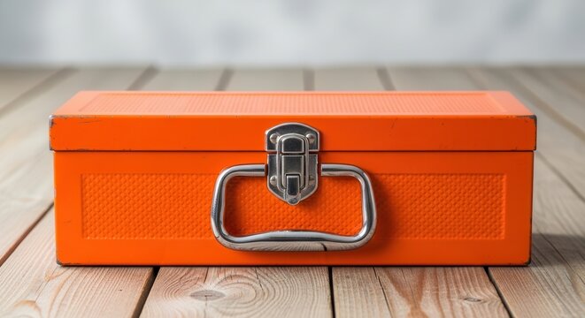 Vibrant Orange Metal Tool Box on a Rustic Wooden Surface.