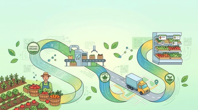Illustration of a food traceability supply chain showing the journey from organic farming, processing, and delivery to supermarket shelves.