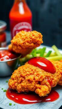 Crispy chicken tender being dipped into ketchup with a satisfying crunch, Delicious, Appetizing
