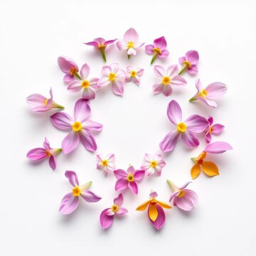 Delicate, six-petaled flower arrangement in a circular formation on a white background, elegant, white