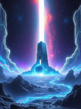 Ethereal plasma waves dance around ancient monolith in starry expanse, ||cosmic, plasma