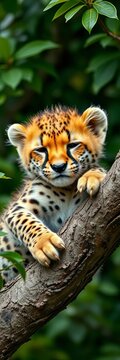 Fluffy fur, curved claws, and a sleepy gaze define this adorable cheetah cub lounging on a tree branch, surrounded by lush greenery, relaxation, foliage