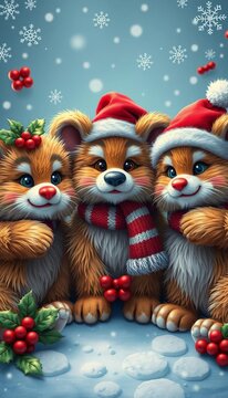 Furry friends in festive attire, surrounded by snowflakes and holly, seamless, animals