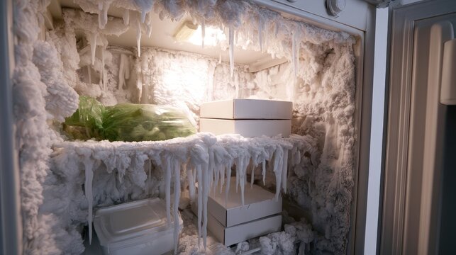 Inside of a heavily frosted and frozen refrigerator with food items visible.