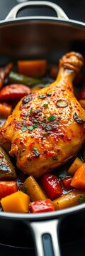 Golden brown roasted chicken and savory vegetables sizzle in a hot pan, roast, buffet