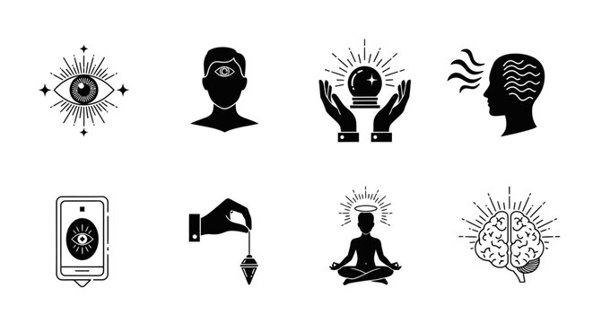Mystical Symbols: Third Eye, Crystal Ball, Brain, Meditation Icons