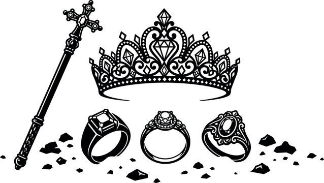 Royal Queen Tiara Crown and Scepter Line Art Vector Set with Luxury Gemstone Rings and Scattered Diamond Stones Jewelry Graphics
