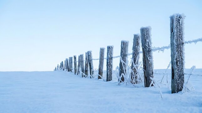 A line of abandoned fence posts covered in frost stretching into the distance across a vast snowy field on a bright clear winter day in the countryside
