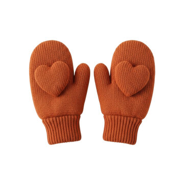 Warm orange childrens knit mittens with heart appliqu&eacute;s on the back of each hand