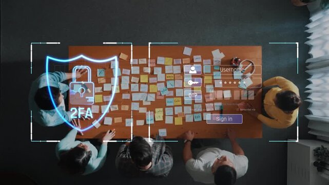 A team collaborates on a cybersecurity project, utilizing a digital interface for two-factor authentication while brainstorming ideas on sticky notes in a modern workspace. Raster
