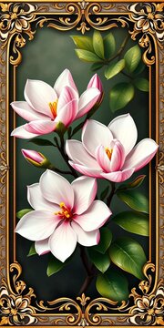 Magnolia flowers blooming in a delicate hand-painted frame with intricate details and ornate borders, serene, flower