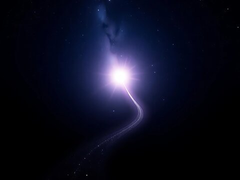 Minimalist shooting star trailing behind a curved path of light, celestial, clean art