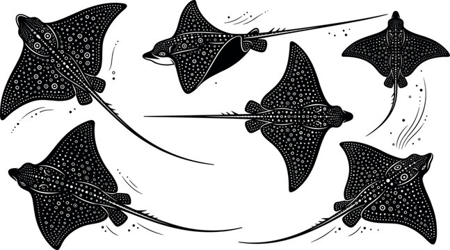 Spotted Eagle Ray Silhouette Vector Set Featuring Swimming Marine Rays with Long Tails and White Dots Pattern for Ocean Wildlife Graphic Designs