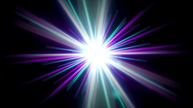 abstract neon starburst explosion with glowing cyberpunk light rays and energy, futuristic synthwave hyperspace flash with luminous radial beams on dark background 4k