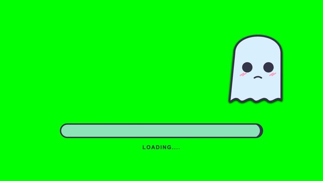 Flat vector animation of a sad ghost floating above a loading progress bar on green screen