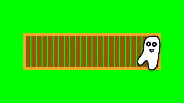 Flat vector illustration of cartoon ghost moving through loading progress bar animation on green screen background