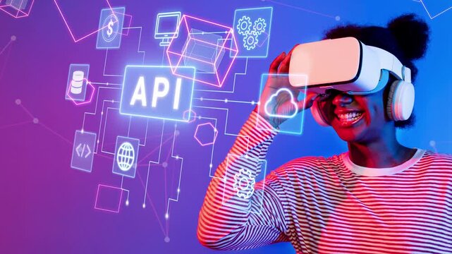 A woman joyfully interacts with a virtual reality headset, immersed in a vibrant digital realm filled with tech graphics highlighting the concept of API and technology. Entropy.
