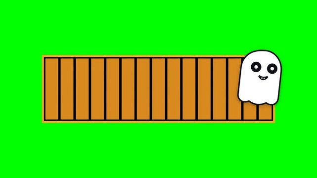 Flat vector animation of a cute cartoon ghost moving across a loading bar on a green screen