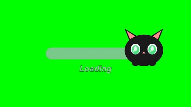 Animation of a cute black cat moving across a horizontal progress loading bar on green screen background