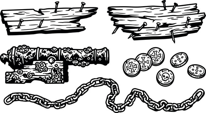 Sunken Pirate Shipwreck Artifacts Line Art Vector Set with Barnacle Covered Cannon Old Wood Planks Rusty Chain and Gold Skull CoinsSunken Pirate Shipwreck Artifacts Line Art Vector Set with Barnacle C