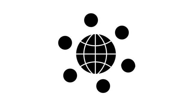The visual elements consist of a central black globe icon with grid lines, surrounded by six solid black dots arranged evenly in a circular formation, all set on a white rectangular canvas.
