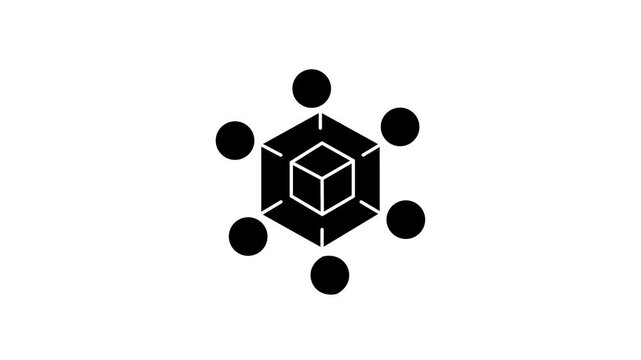The visual elements consist of a central black 3D cube emblem enclosed inside a hexagon outline, surrounded by six solid black circular dots arranged evenly in a ring around it,