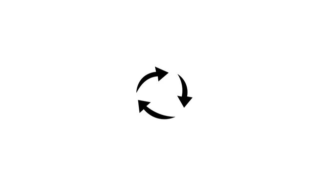The video features a central visual element consisting of three black, curved arrows arranged in a circular ring, indicating a clockwise rotation or recycling cycle.