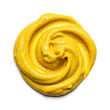 Swirl of bright yellow mustard condiment artfully presented on a clean white background with soft studio lighting.