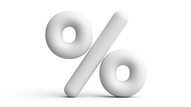 White 3D percentage symbol with soft lighting on a clean white background.