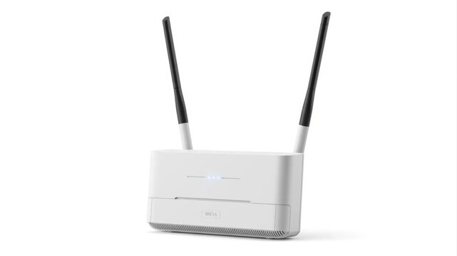 White wireless router with antennas on a clean white background studio lighting modern technology aesthetic.