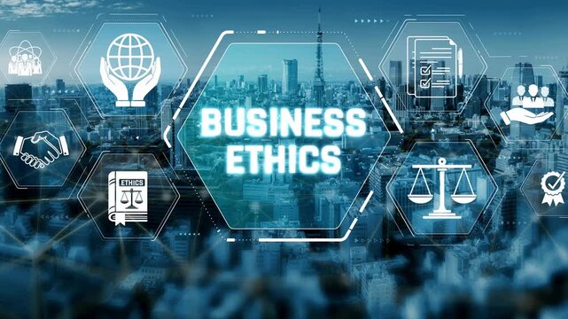 Modern Business Ethics Concept with Icons Representing Integrity, Compliance, and Accountability Over Cityscape Background for Corporate Use Sigmoid