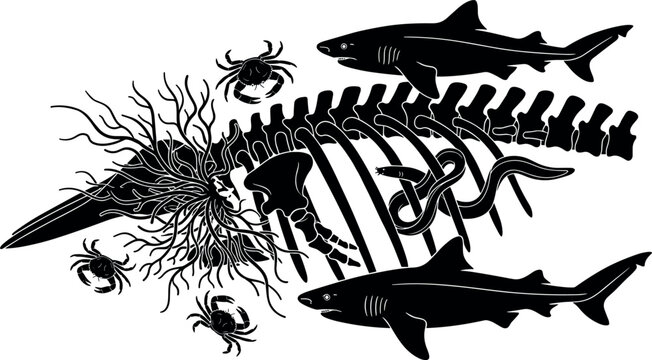 Whale Fall Whale Skeleton Silhouette Vector Set with Sharks Crabs and Hagfish Scavengers Feeding on Deep Ocean Sea Floor Ecosystem Graphic