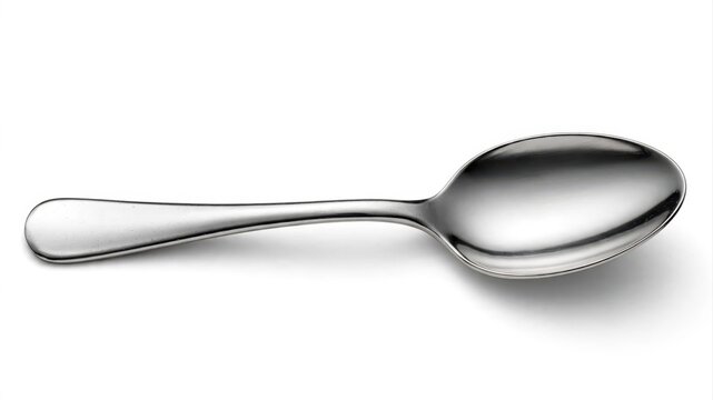A polished silver spoon rests on a clean white background with soft studio lighting.