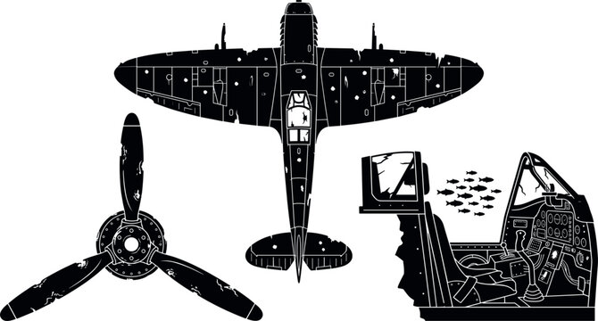 World War II Spitfire Fighter Plane Underwater Shipwreck Silhouette Vector Set Featuring Damaged Fuselage Broken Propeller and Cockpit with Fish School Graphics