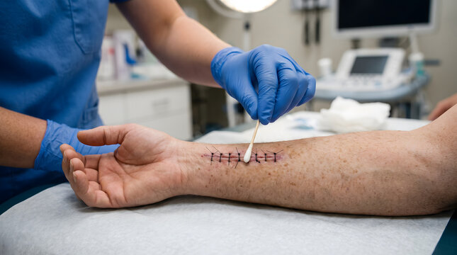 Healthcare professional performing an allergy skin prick test on a patients forearm in a medical clinic.