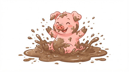 Cute Happy Pig Playing in Mud Splashing Illustration Vector