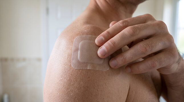 Man Applying Transdermal Medication Patch to His Shoulder.